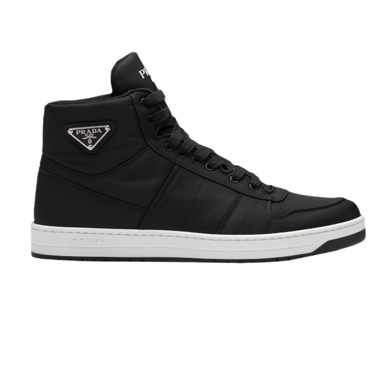 Prada Milano Black Re-Nylon High Top Sneakers Triangle Logo Womens Ret $1100